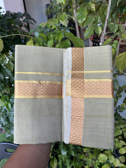 25% Discount! KaithariKada Handloom Unakkupaav Balaramapuram - 100% Cotton Double Mundu/Dhoti - Light Sage Green Colour Body - 1.5 inch Copper Gold Kasavu Jacquard Design Kara - 39 KK5318 ABH