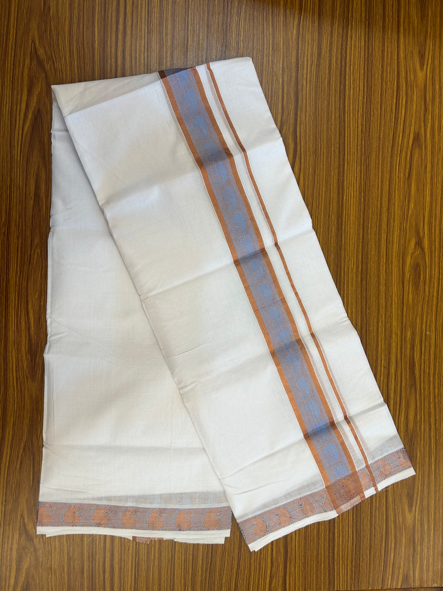 25% Discount ! KaithariKada Handloom Unakkupaav Kerala Handloom - 100% Pure Cotton Pure White Double Mundu/Dhoti - 2 inch Copper Kasav & Blue Jaquard Design Kara - 18 KK5352 ABH