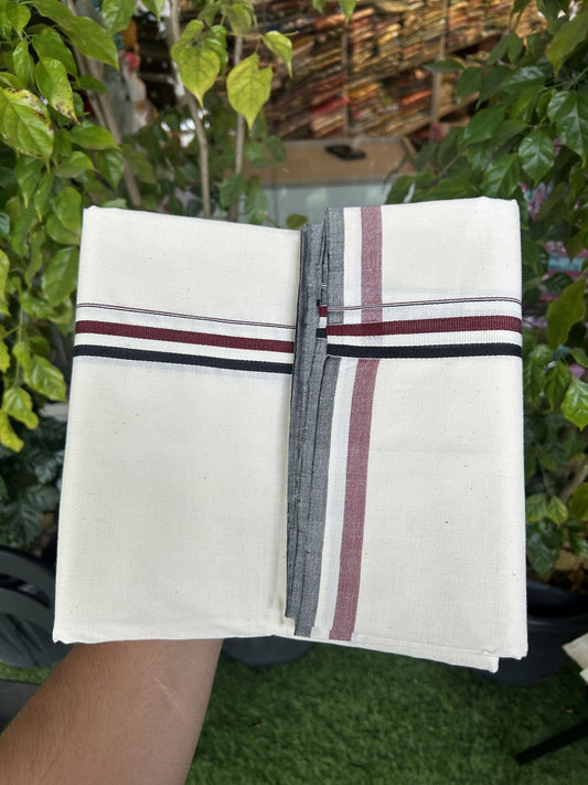 Admk Veshti - 25%Discount !! Signature Kaitharikada Exclusive Single Dhoti - 100% Cotton Balaramapuram Handloom Single Mundu/Dhoti - Off White - (Unbleached) 0.75 inch Black White & Maroon kara (2 meter / 4 muzham)- 42 KK5318 KAI