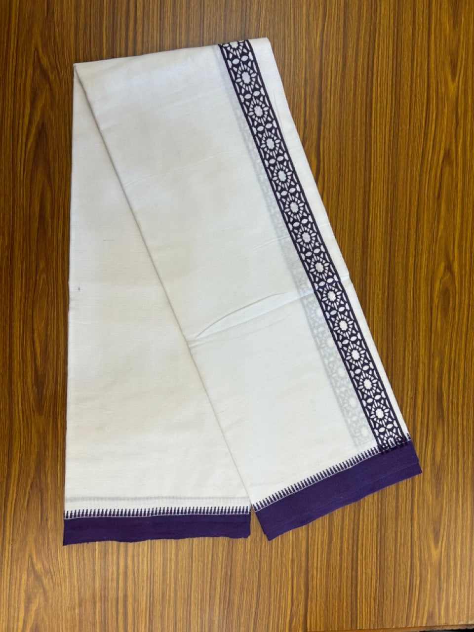 Kaitharikada - Polyster + Cotton - 20s twisted - Pure white Single Kaily / Lungi - 1.5 inch Violet Printed Kuppadam Border with White colour body (2 meter / 4 muzham) -  12 KK8035 GAN