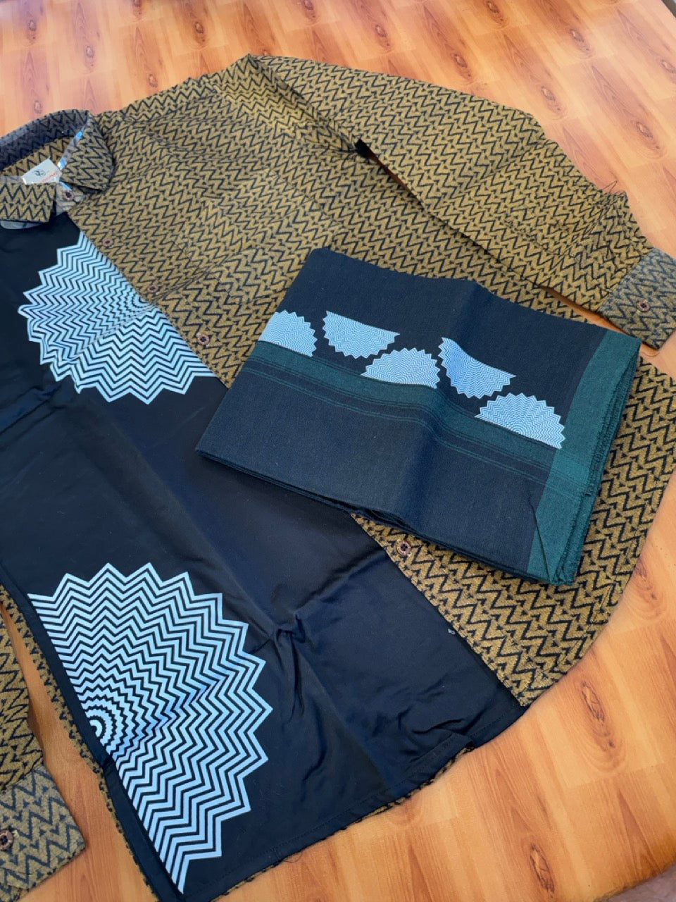 Combo Shirt Single Lungi - SIZE : L / 40 Full Sleeve - Mixed cotton - Black & Brown Black Pattern Shirt with 3 inch Green Kara & Printed Lungi - 15 KK7053 KUT