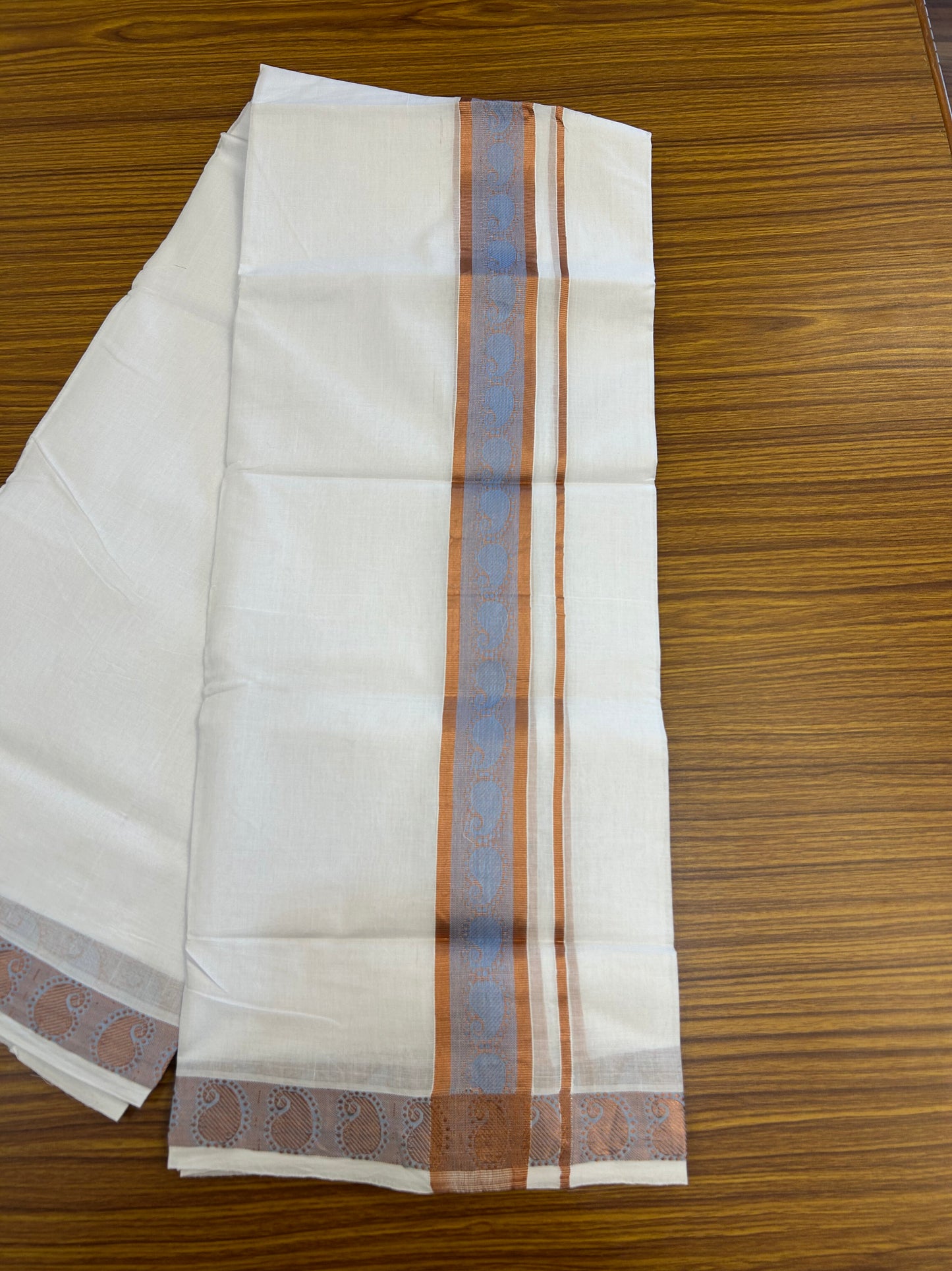 25% Discount ! KaithariKada Handloom Unakkupaav Kerala Handloom - 100% Pure Cotton Pure White Double Mundu/Dhoti - 2 inch Copper Kasav & Blue Jaquard Design Kara - 18 KK5352 ABH