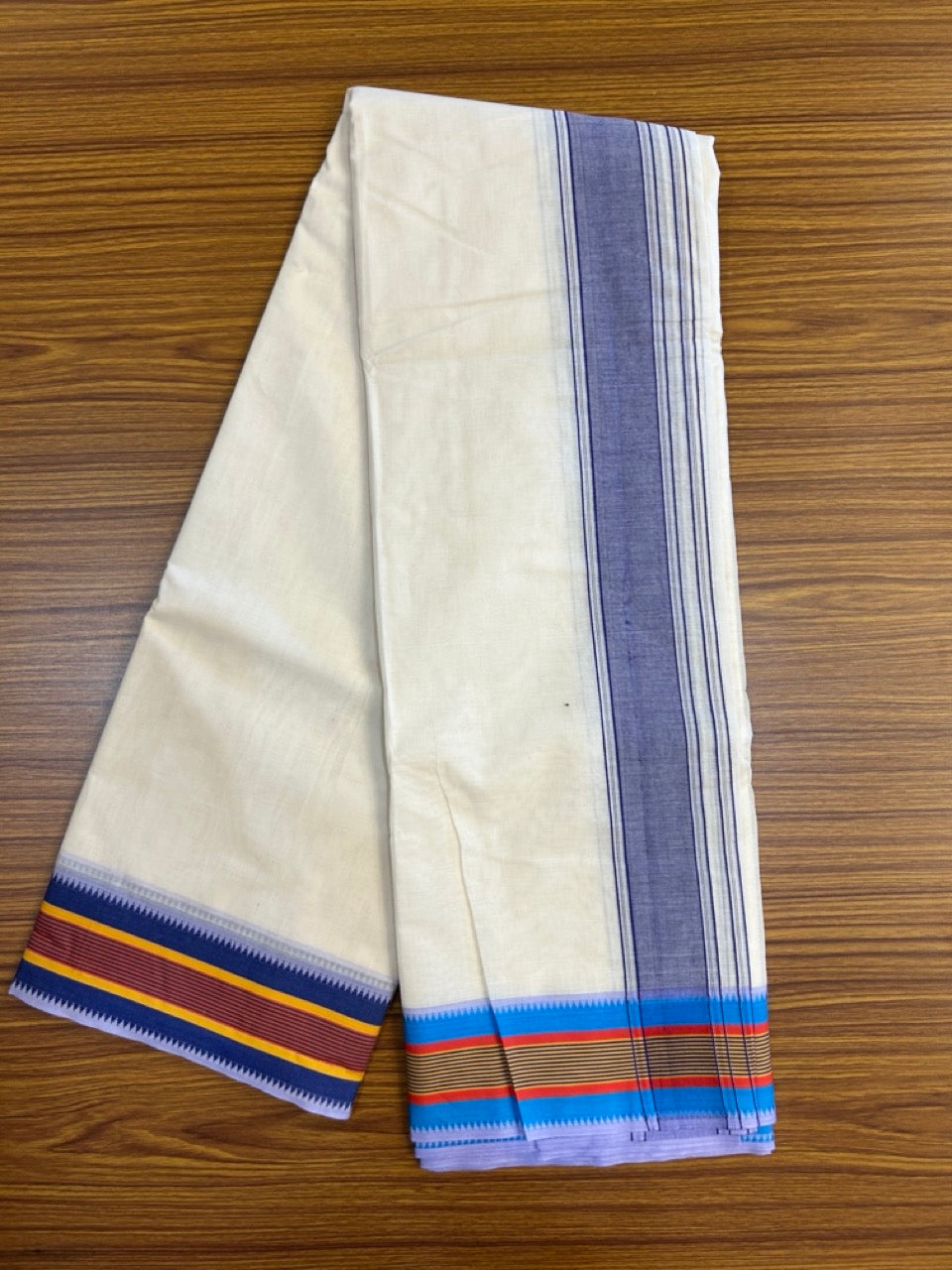 37% DISCOUNT! KaithariKada 100% Cotton Off White - (Unbleached) - Pure Cotton -100x100 thread - NORTH INDIAN - ATTACHED GAMCHA - 9X5 - Dhoti Violet kara with Red,Yellow, Lavander , Green , Light Blue & Navy Blue Striped border - 1 KK5275 PMC
