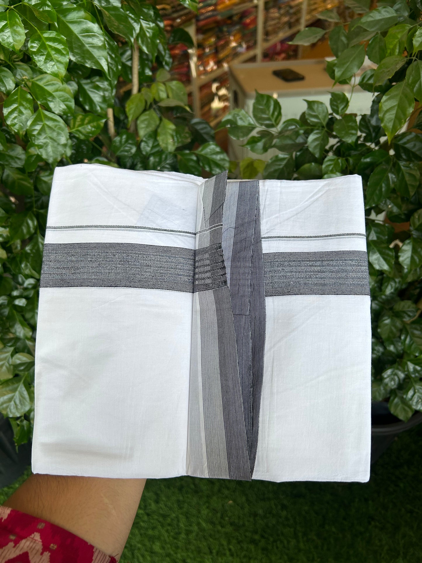 20% Discount ! Kaitharikada Balaramapuram 100% Cotton Pure White Double Mundu/Dothi - 100x100 - 1.5 inch Black Striped Kara -57 KK5371 GAN