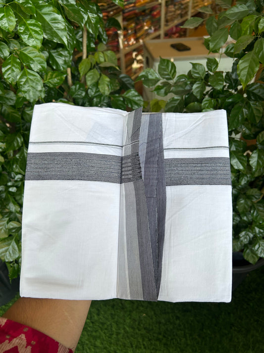 20% Discount ! Kaitharikada Balaramapuram 100% Cotton Pure White Double Mundu/Dothi - 100x100 - 1.5 inch Black Striped Kara -57 KK5371 GAN