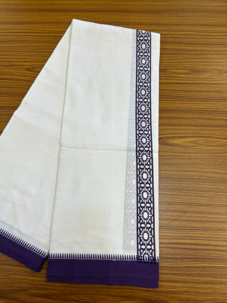 Kaitharikada - Polyster + Cotton - 20s twisted - Pure white Single Kaily / Lungi - 1.5 inch Violet Printed Kuppadam Border with White colour body (2 meter / 4 muzham) -  12 KK8035 GAN