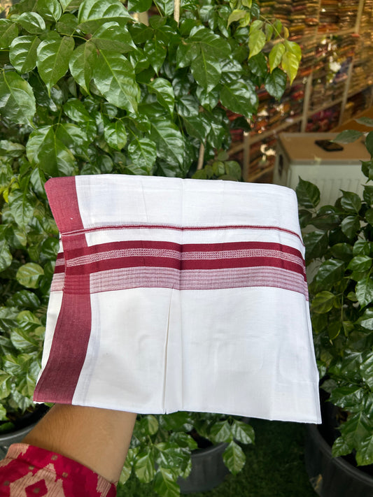 20% Discount ! Kaitharikada Balaramapuram 100% Cotton Pure White Double Mundu/Dothi - 100x80 - 2 inch Maroon Shaded Stripes Kara 3.90 m (8 muzham) - 74 KK5371 MC