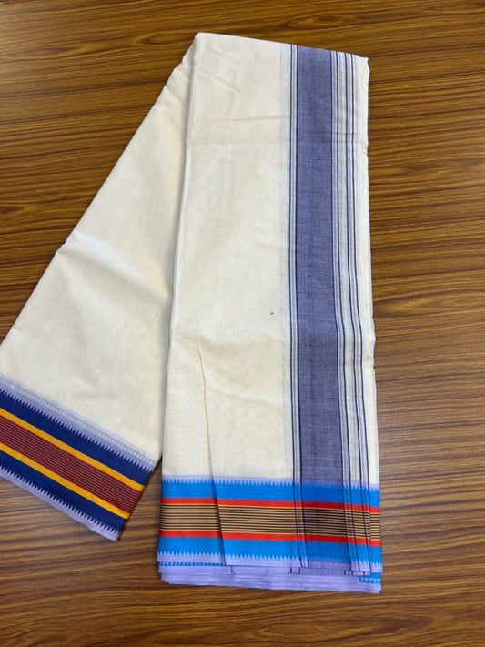 37% DISCOUNT! KaithariKada 100% Cotton Off White - (Unbleached) - Pure Cotton -100x100 thread - NORTH INDIAN - ATTACHED GAMCHA - 9X5 - Dhoti Violet kara with Red,Yellow, Lavander , Green , Light Blue & Navy Blue Striped border - 1 KK5275 PMC