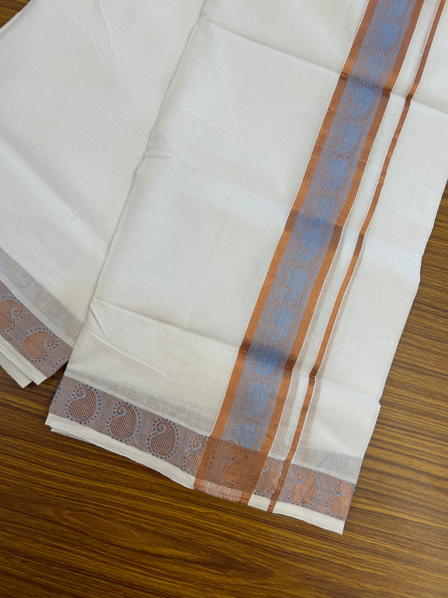 25% Discount ! KaithariKada Handloom Unakkupaav Kerala Handloom - 100% Pure Cotton Pure White Double Mundu/Dhoti - 2 inch Copper Kasav & Blue Jaquard Design Kara - 18 KK5352 ABH