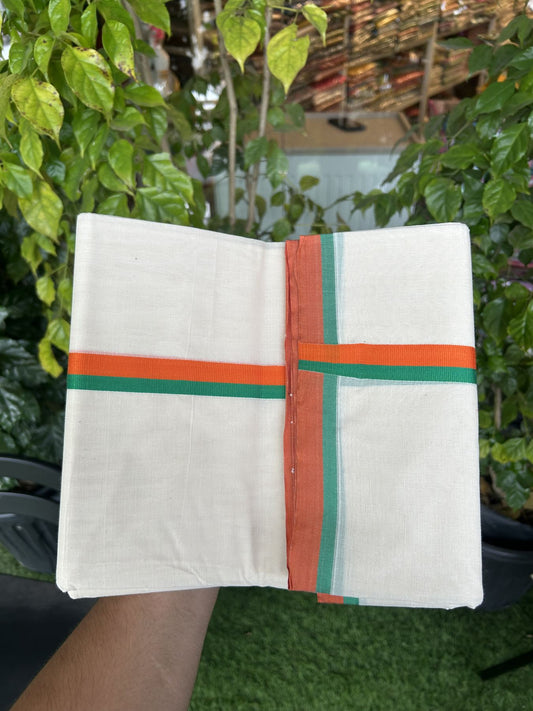 Bjp Veshti - 20% Discount! KaithariKada 100% Cotton Off White Double - (Unbleached) Mundu/Dhoti - 100X80 - 0.5 inch Orange & Green Kara 3.75 m (8 muzham)- 38 KK5318 ASH