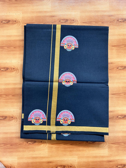 Single Kaily / Lungi- 20% Discount !! Kaitharikada - Pure Cotton - (40s) - 0.5 inch Mustard Brown Theyyam Printed Design Kara with Black colour Body (2 meter / 4 muzham) - 14 KK8062 GAN
