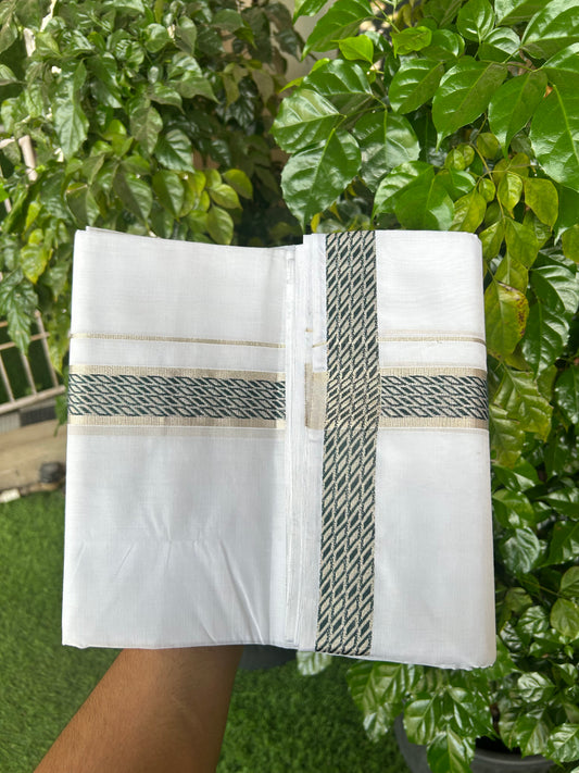 25% Disocunt! Pure White Kerala Handloom - 100% Mercerised Cotton Double - Mundu/Dhoti - 100x80 - 1.5 inch Silver Kasavu & Dark Green Jaquard Design Kara - 4 mtr (8.5 muzham) - 8 KK5352 ABH