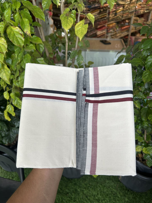 Admk Veshti - 25%Discount !! Signature Kaitharikada Exclusive Single Dhoti - 100% Cotton Balaramapuram Handloom Single Mundu/Dhoti - Off White - (Unbleached) 0.75 inch Black White & Maroon kara (2 meter / 4 muzham)- 41 KK5318 KAI