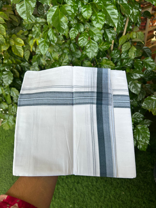 20% Discount! KaithariKada Balaramapuram 100% Cotton Double Pure white Mundu/Dhoti - 100X80 - 1.5 inch Dark Blue & Ash Blue shaded kara - 4 mtr ( 8.5 muzham) - 46 KK5371 VIN