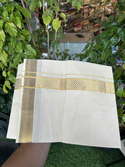 20% Discount! Kaitharikada Balaramapuram Double Off White - (Unbleached) Mund/Dhoti - Cotton mix - 100x80 - 1.5 inch Kasav Jacquard Design Kara 3.90 mtr (8 Muzham) - 37 KK5318 PMC