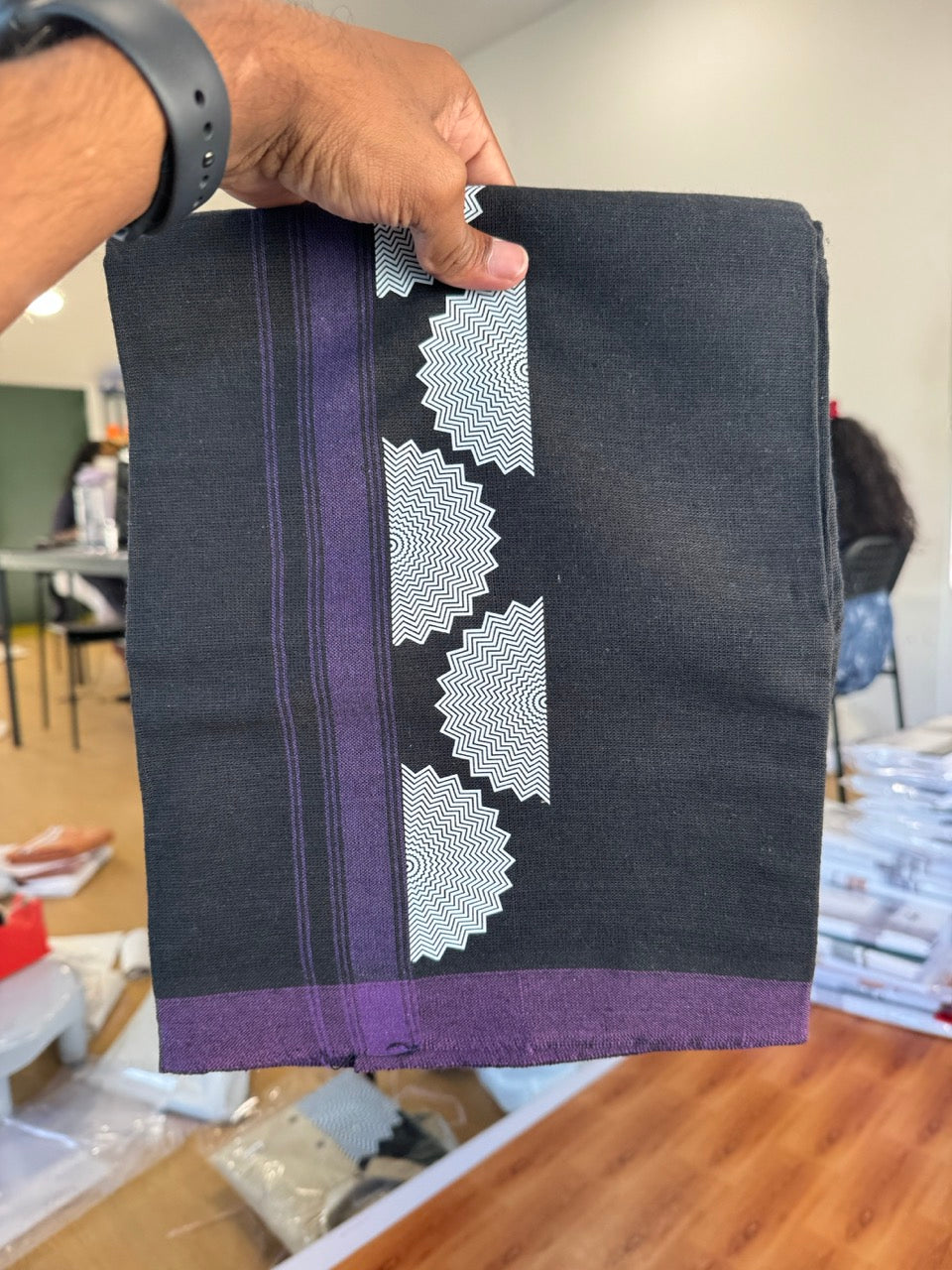 Combo Shirt Single Lungi - SIZE : L / 40 Full Sleeve - Mixed cotton - Black & Brown Violet Pattern Shirt with 3 inch Violet Kara & Printed Lungi - 17 KK7053 KUT