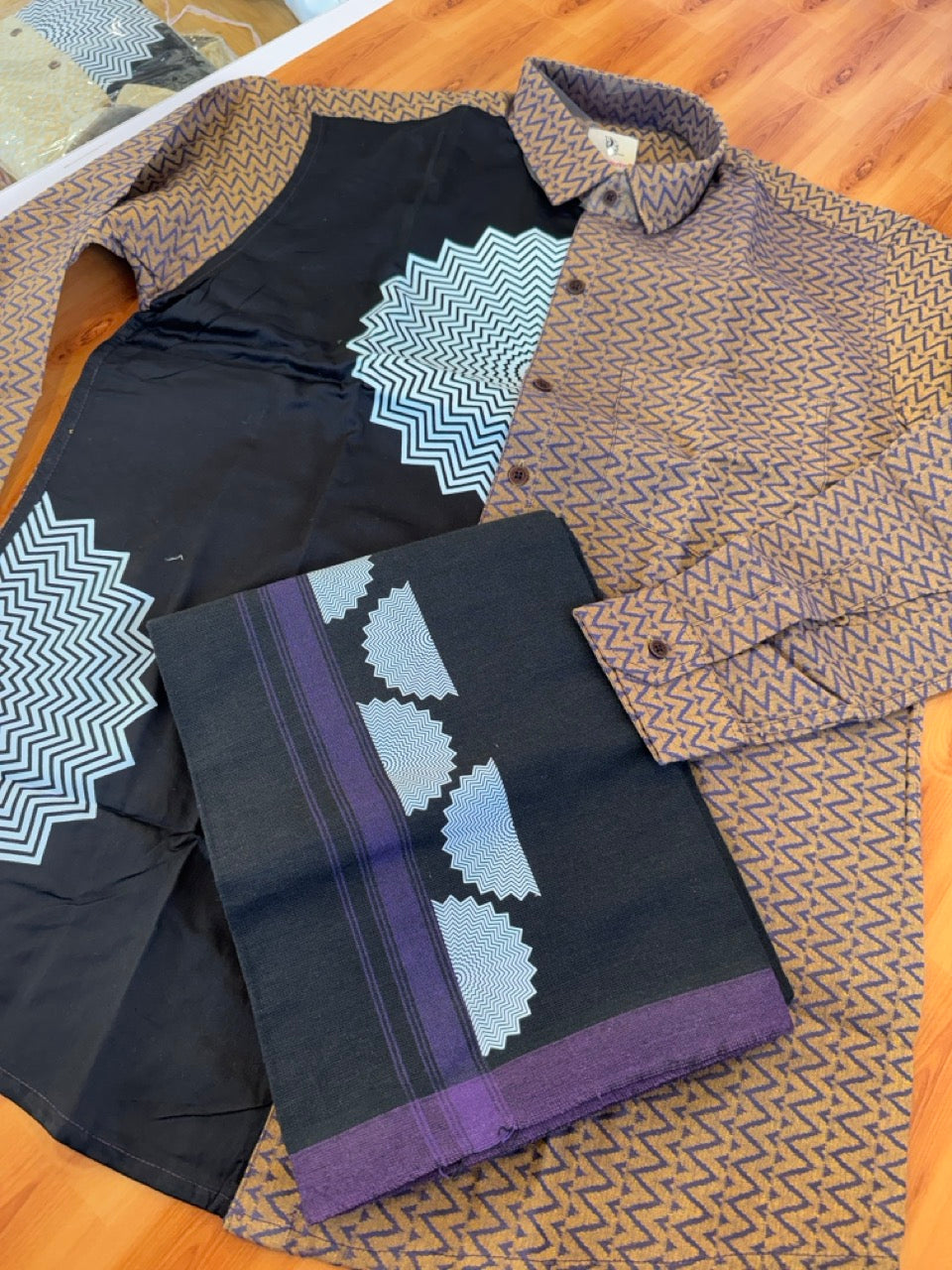 Combo Shirt Single Lungi - SIZE : L / 40 Full Sleeve - Mixed cotton - Black & Brown Violet Pattern Shirt with 3 inch Violet Kara & Printed Lungi - 17 KK7053 KUT