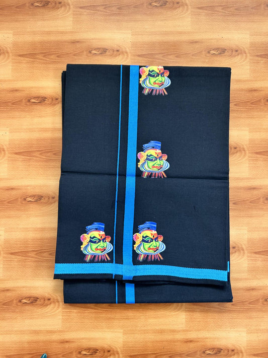 Single Kaily / Lungi- 20% Discount !! Kaitharikada - Pure Cotton - (40s) - 0.5 inch Light Blue Kathakali Printed Design Kara with Black colour Body (2 meter / 4 muzham) - 18 KK8062 GAN