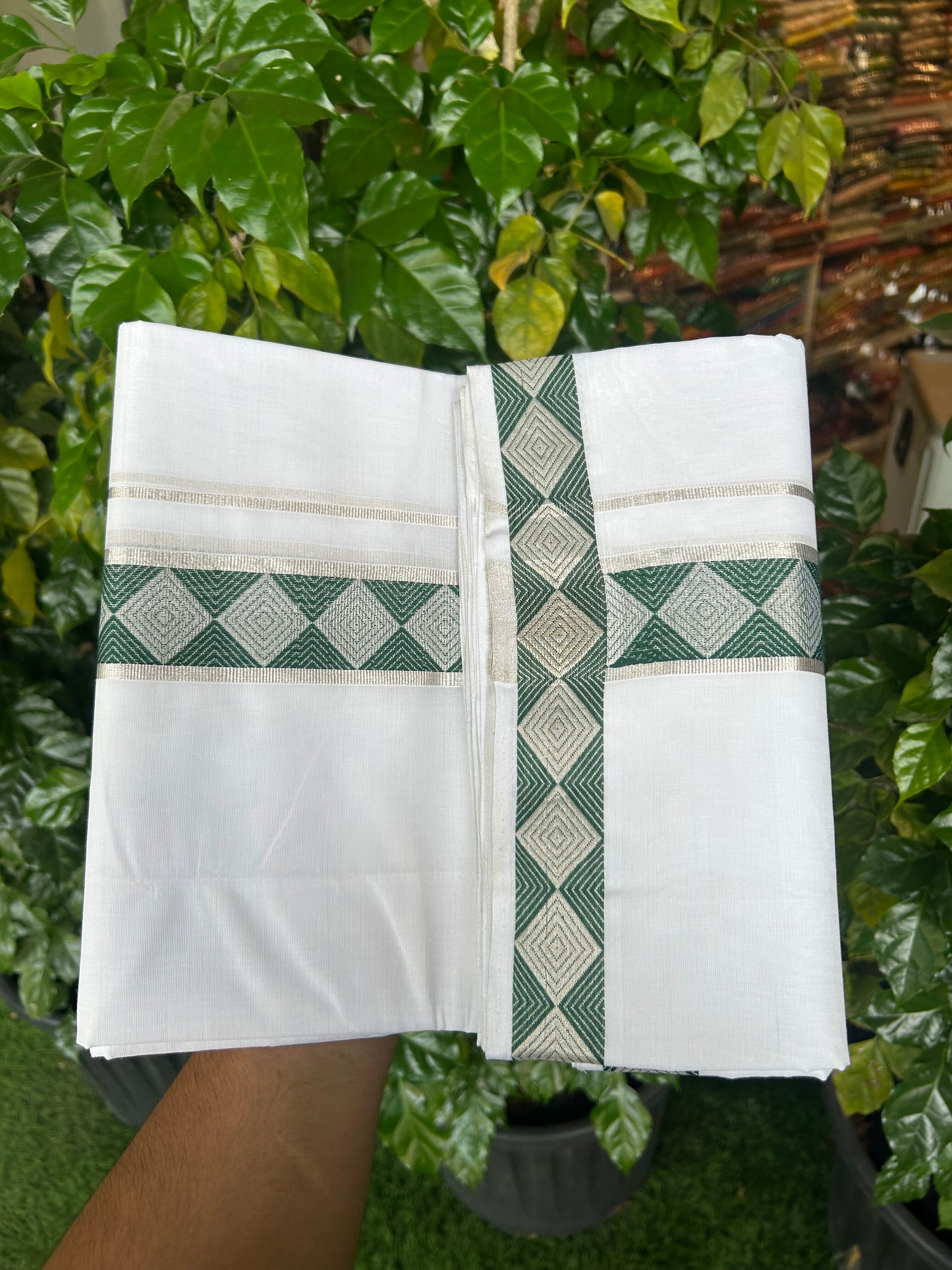 25% Disocunt! Pure White Kerala Handloom - 100% Mercerised Cotton Double - Mundu/Dhoti - 100x80 - 1.75 inch Silver Kasavu & Green Jaquard Design Kara - 4 mtr (8.5 muzham) - 2 KK5352 ABH