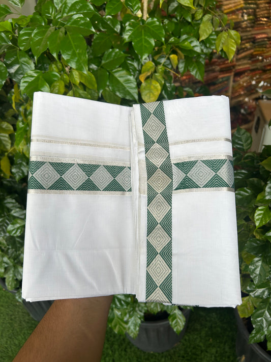 25% Disocunt! Pure White Kerala Handloom - 100% Mercerised Cotton Double - Mundu/Dhoti - 100x80 - 1.75 inch Silver Kasavu & Green Jaquard Design Kara - 4 mtr (8.5 muzham) - 2 KK5352 ABH