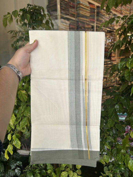 20% Discount ! Kaitharikada Balaramapuram 100% Pure Cotton Double Off white (Unbleached) Mundu/Dhoti - 100x80 - 1.75 inch Gold Kasav & Sage Green Shaded Stripes Chutty Kara 3.90 mtr (8 muzham) - 33 KK5318 PMC