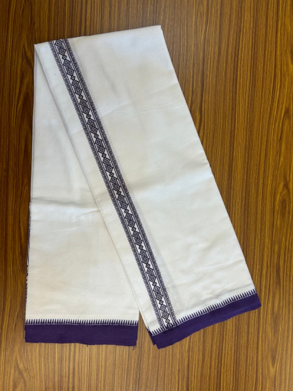 Kaitharikada - Polyster + Cotton - 20s twisted - Pure white Single Kaily / Lungi - 1.5 inch Violet Printed Kuppadam Border with White colour body (2 meter / 4 muzham) -  13 KK8035 GAN