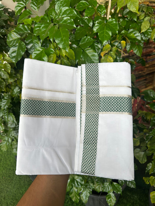 25% Disocunt! Pure White Kerala Handloom - 100% Mercerised Cotton Double - Mundu/Dhoti - 100x80 - 1.75 inch Silver Kasavu & Green Jaquard Design Kara - 4 mtr (8.5 muzham) - 3 KK5352 ABH