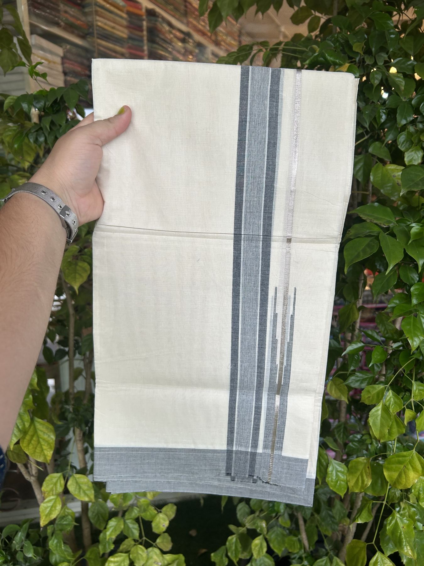 20% Discount ! Kaitharikada Balaramapuram 100% Pure Cotton Double Off white (Unbleached) Mundu/Dhoti - 100x80 - 1.25 inch Silver Kasav & Black Shaded Stripes Chutty Kara 3.90 mtr (8 muzham) - 32 KK5318 PMC