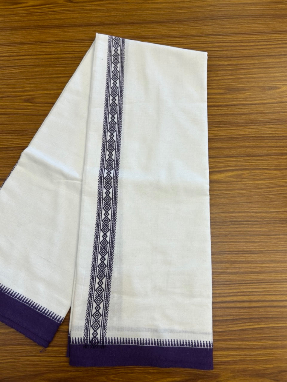 Kaitharikada - Polyster + Cotton - 20s twisted - Pure white Single Kaily / Lungi - 1.5 inch Violet Printed Kuppadam Border with White colour body (2 meter / 4 muzham) -  13 KK8035 GAN