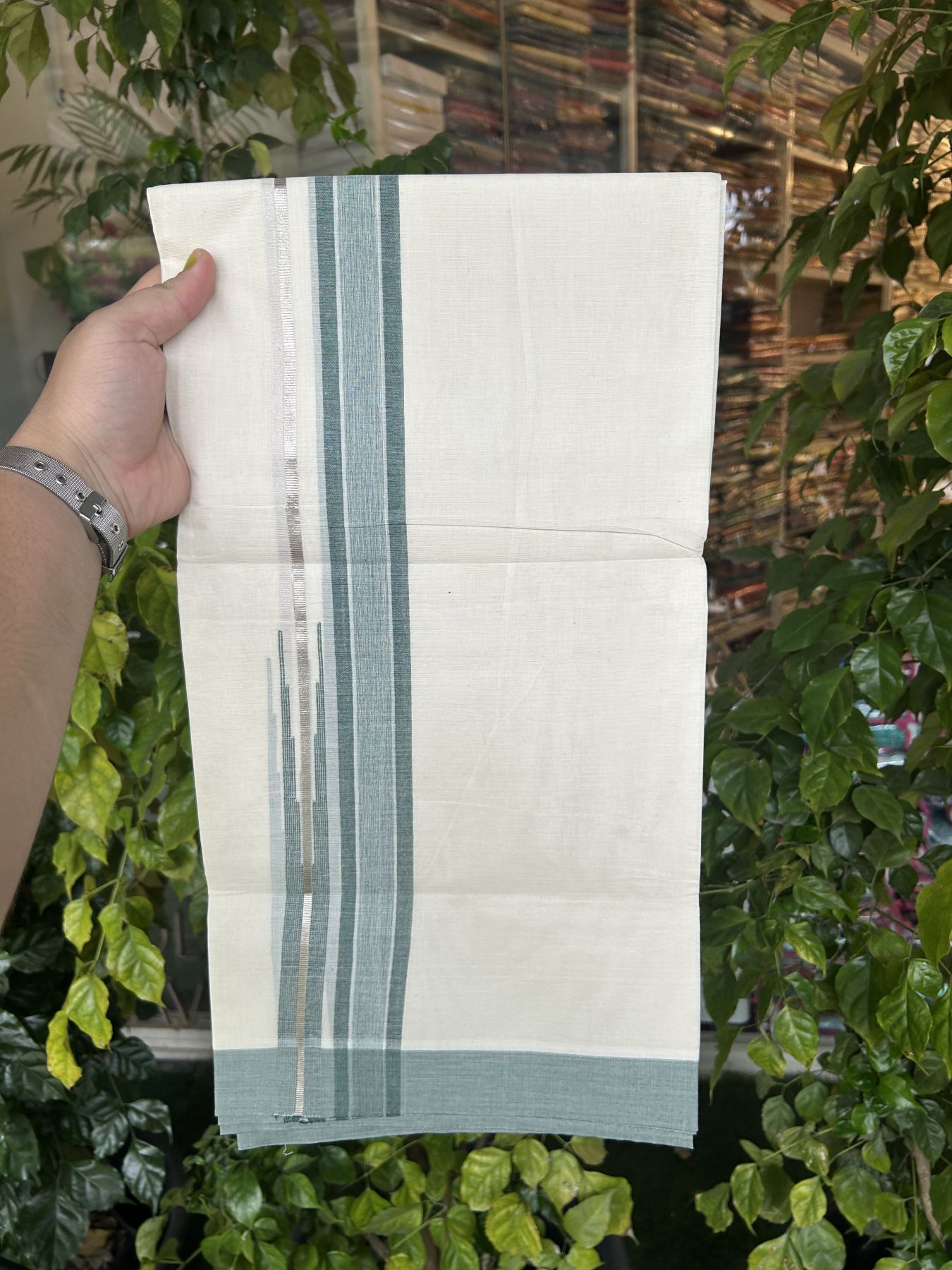 20% Discount ! Kaitharikada Balaramapuram 100% Pure Cotton Double Off white (Unbleached) Mundu/Dhoti - 100x80 - 1.25 inch Silver Kasav & Green Shaded Stripes Chutty Kara 3.90 mtr (8 muzham) - 31 KK5318 PMC