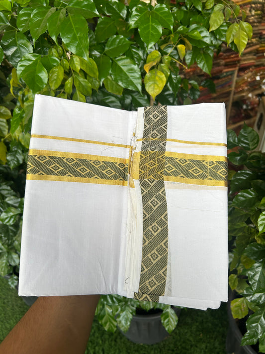 25% Discount ! KaithariKada Handloom Unakkupaav Kerala Handloom - 100% Pure Cotton Pure White Double Mundu/Dhoti - 1.25 inch Gold Kasav & Sage Green Jacquard Design Kara - 9 KK5352 ABH