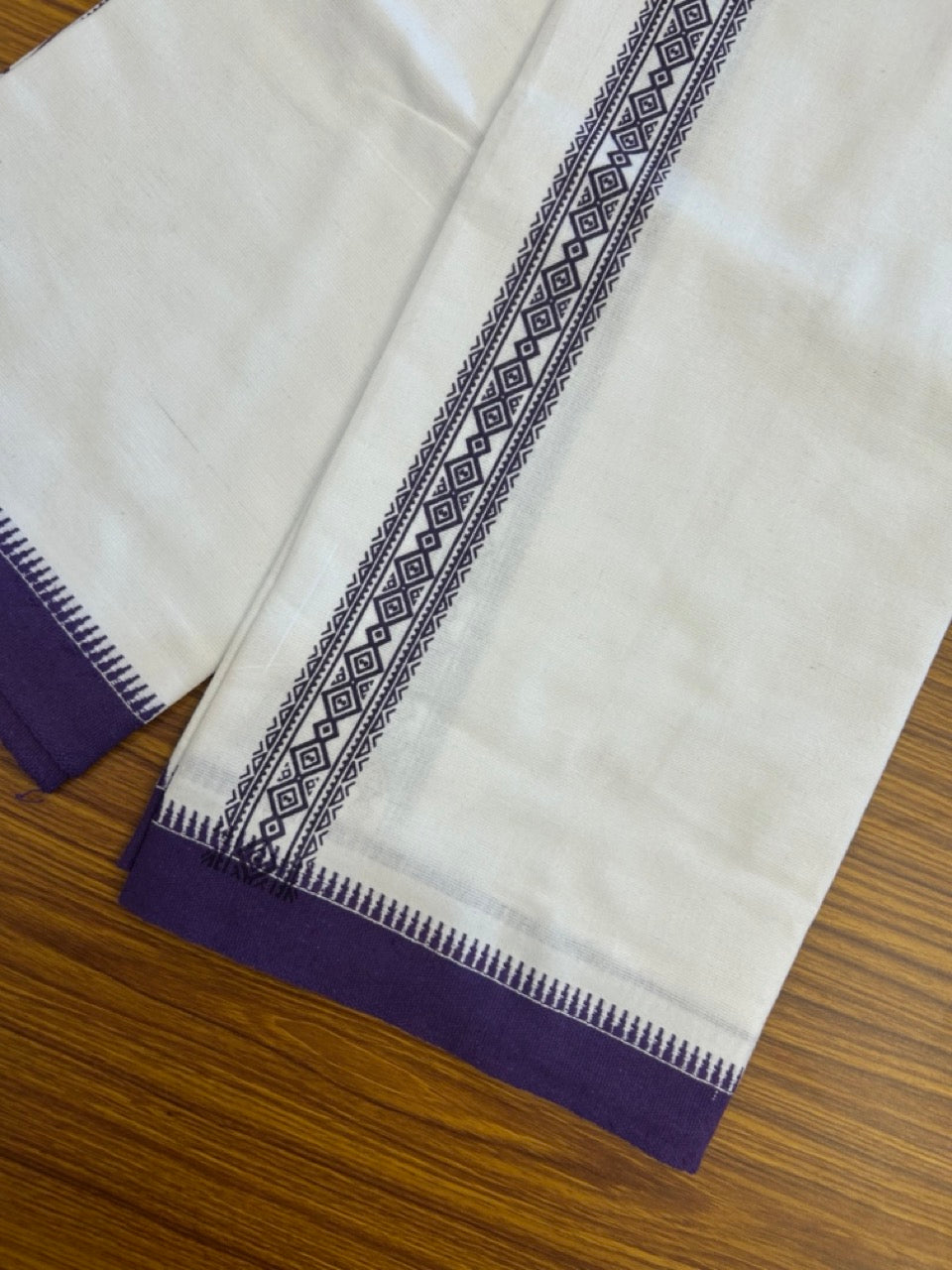 Kaitharikada - Polyster + Cotton - 20s twisted - Pure white Single Kaily / Lungi - 1.5 inch Violet Printed Kuppadam Border with White colour body (2 meter / 4 muzham) -  13 KK8035 GAN