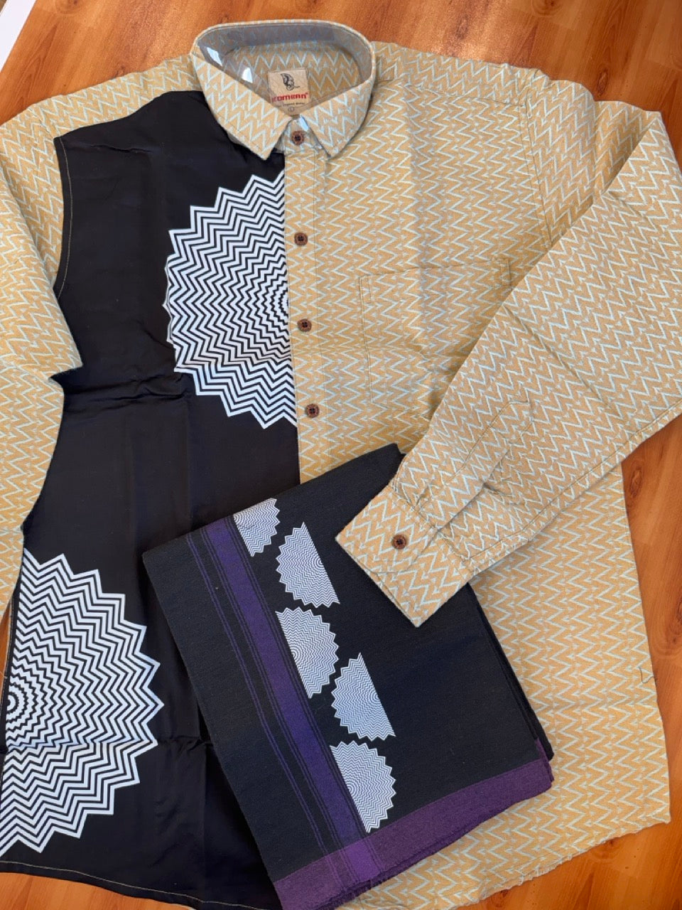 Combo Shirt Single Lungi - SIZE : L / 40 Full Sleeve - Mixed cotton - Black & Light Brown Blue Pattern Shirt with 3 inch Violet Kara & Printed Lungi - 18 KK7053 KUT