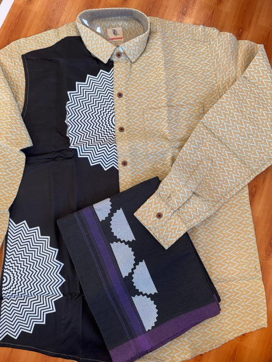 Combo Shirt Single Lungi - SIZE : L / 40 Full Sleeve - Mixed cotton - Black & Light Brown Blue Pattern Shirt with 3 inch Violet Kara & Printed Lungi - 18 KK7053 KUT