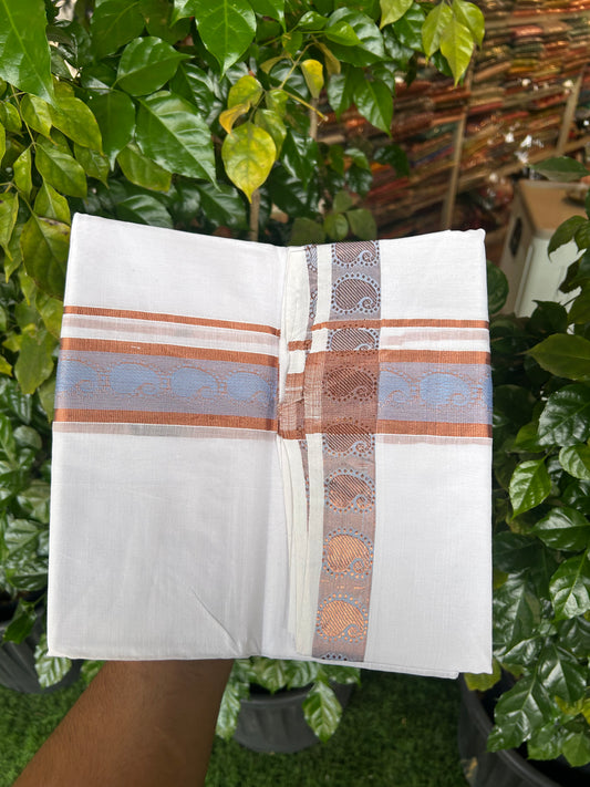 25% Discount ! KaithariKada Handloom Unakkupaav Kerala Handloom - 100% Pure Cotton Pure White Double Mundu/Dhoti - 2 inch Copper Kasav & Blue Jaquard Design Kara - 18 KK5352 ABH