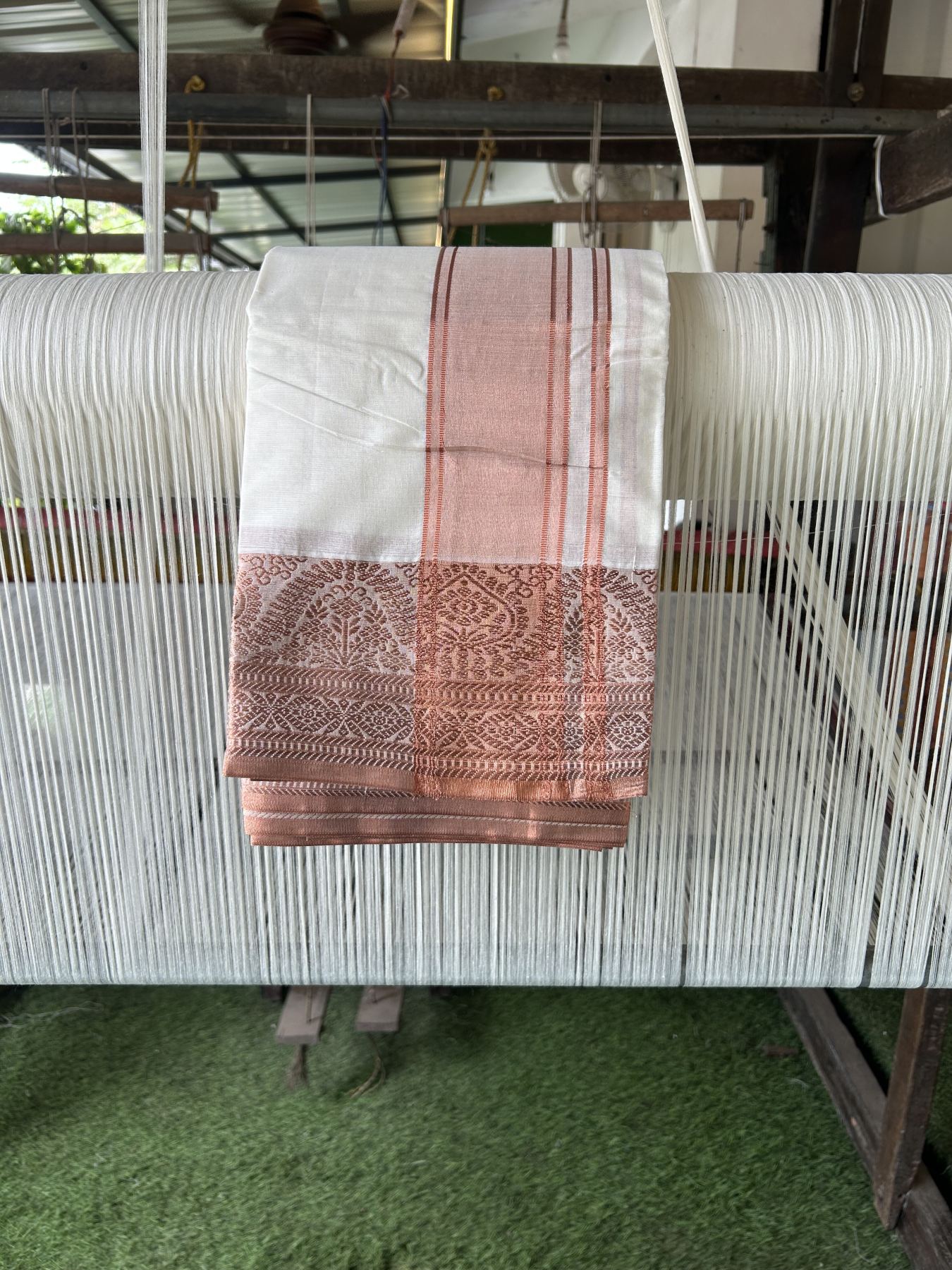 Panchakacham Dhoti - 20% Discount! Kaitharikada Balaramapuram Cotton Mix - Off White - (Unbleached) 80X90 thread - North Iindian- Attached Gamcha - 9x5 Dhoti - 4 inch Copper kasav shaded kara - 39 KK5318 PMC