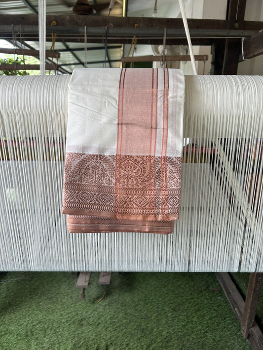 Panchakacham Dhoti - 20% Discount! Kaitharikada Balaramapuram Cotton Mix - Off White - (Unbleached) 80X90 thread - North Iindian- Attached Gamcha - 9x5 Dhoti - 4 inch Copper kasav shaded kara - 39 KK5318 PMC