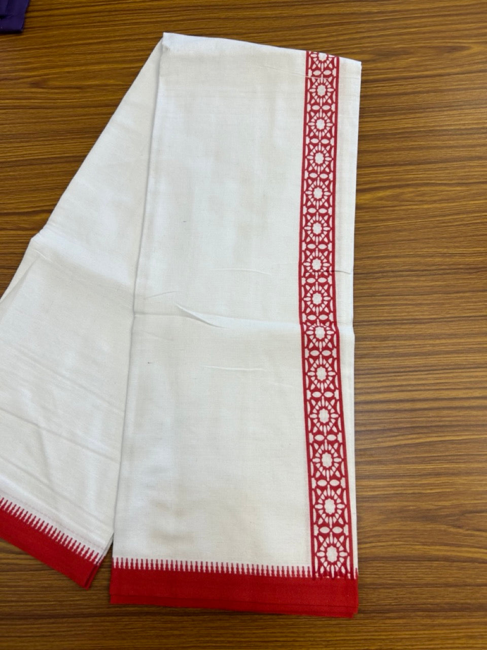 Kaitharikada - Polyster + Cotton - 20s twisted - Pure white Single Kaily / Lungi - 1.5 inch Red Printed Kuppadam Border with White colour body (2 meter / 4 muzham) - 6 KK8035 GAN