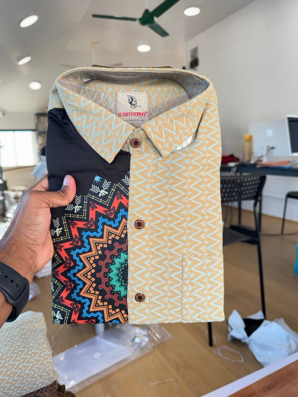 Combo Shirt Single Lungi - SIZE : L / 40 Full Sleeve - Mixed cotton - Black & Brown Turquoise Pattern Shirt with 3 inch Violet Kara &  Printed Lungi - 11 KK7053 KUT