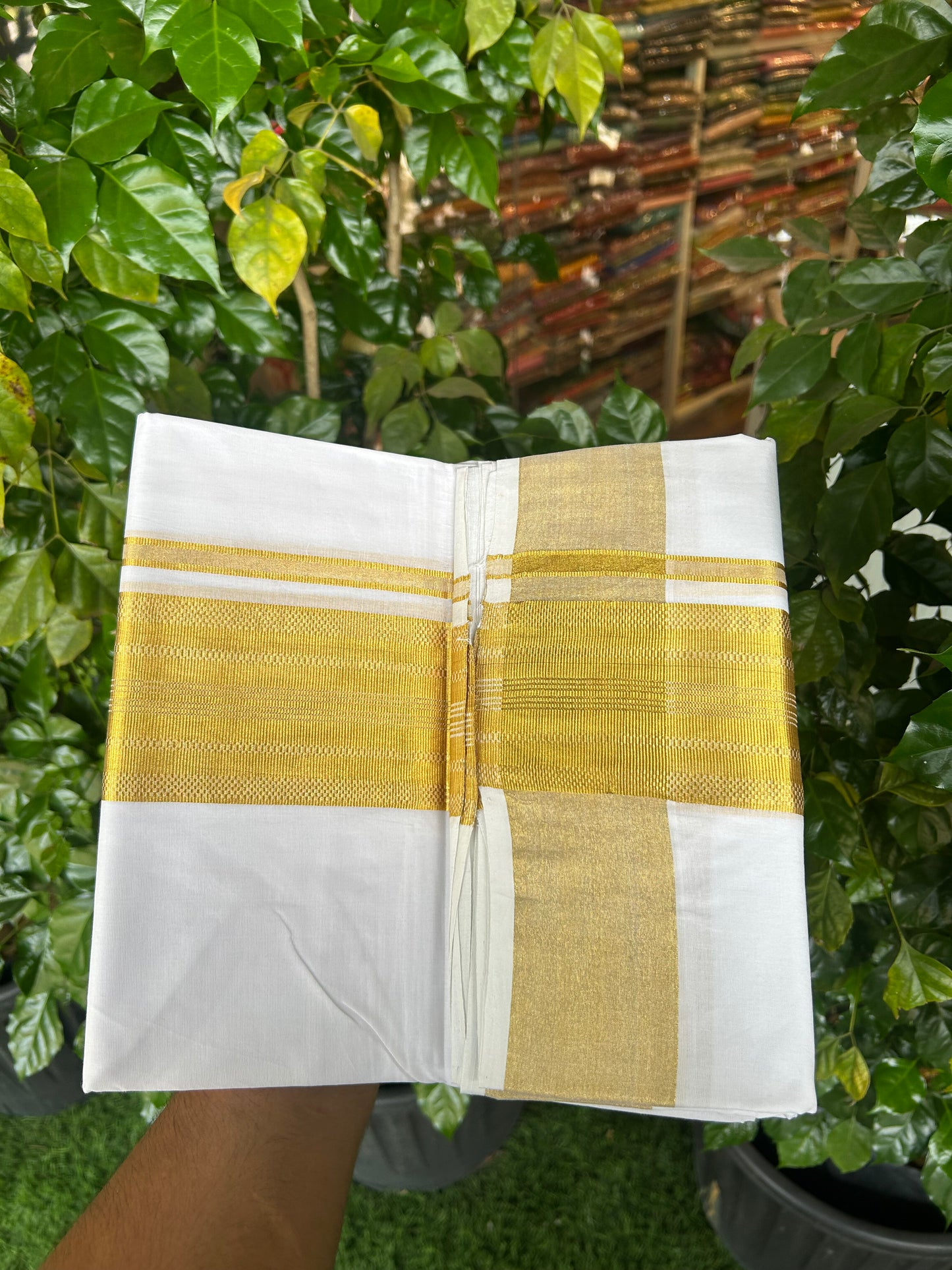25% Discount ! KaithariKada Handloom Unakkupaav Kerala Handloom - 100% Pure Cotton Pure White Double Mundu/Dhoti - 3 inch Gold Kasav Striped Design Kara - 14 KK5352 ABH