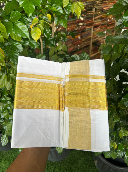 25% Discount ! KaithariKada Handloom Unakkupaav Kerala Handloom - 100% Pure Cotton Pure White Double Mundu/Dhoti - 3 inch Gold Kasav Striped Design Kara - 14 KK5352 ABH