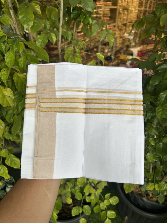 20% Discount! KaithariKada Balaramapuram 100% Cotton Double Pure white Mundu/Dhoti- 100x80 - 1.25 inch Gold Kasav & Cream kara 3.75 mtr ( 8 muzham) - 7 KK5318 VAS