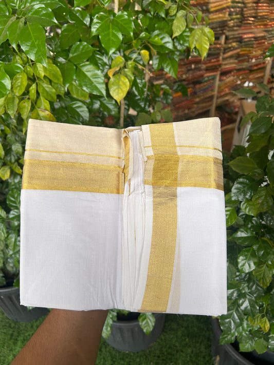 25% Discount ! KaithariKada Handloom Unakkupaav Kerala Handloom - 100% Pure Cotton Pure White Double Mundu/Dhoti - 6.5 inch Gold Kasav Half Tissue Striped Kara - 16 KK5352 ABH
