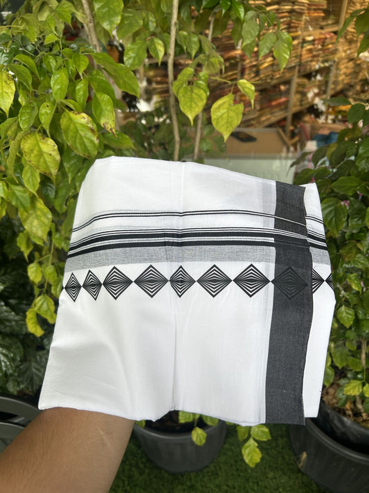 20% Discount ! KaithariKada Balaramapuram Cotton Double Pure white Mundu/Dhoti- 60s - 2.5 inch Black Printed Shaded Stripes Design Kara - 3.65 mtr (8 muzham) - 10 KK5318 GAN