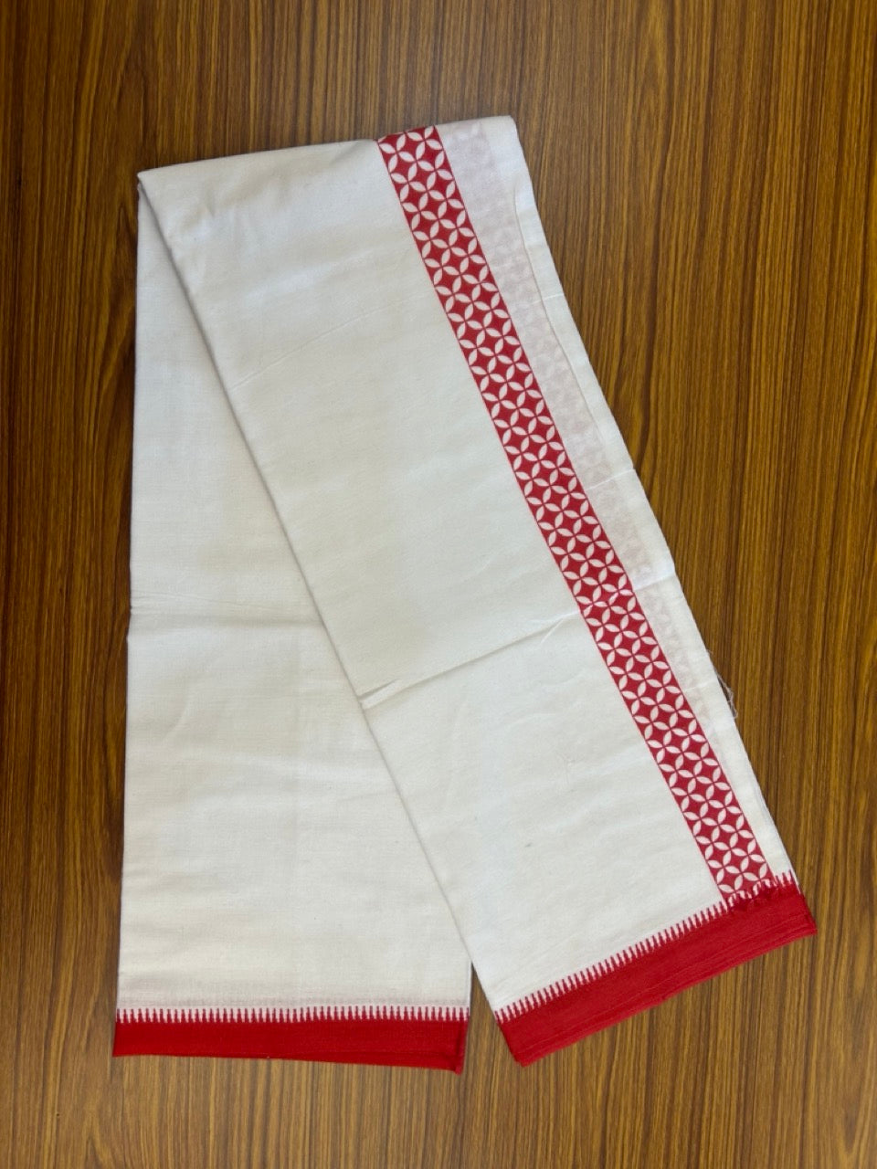 Kaitharikada - Polyster + Cotton - 20s twisted - Pure white Single Kaily / Lungi - 1.5 inch Red Printed Kuppadam Border with White colour body (2 meter / 4 muzham) - 5 KK8035 GAN