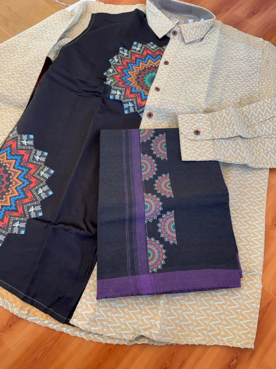 Combo Shirt Single Lungi - SIZE : L / 40 Full Sleeve - Mixed cotton - Black & Brown Turquoise Pattern Shirt with 3 inch Violet Kara &  Printed Lungi - 11 KK7053 KUT