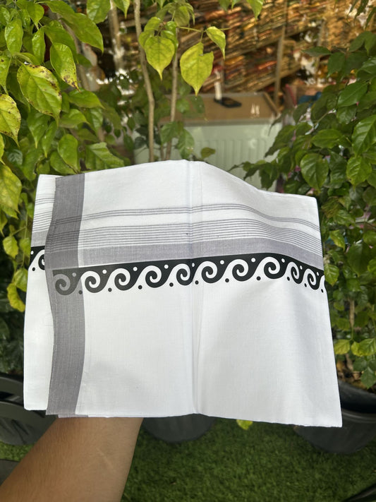 20% Discount ! KaithariKada Balaramapuram Cotton Double Pure white Mundu/Dhoti- 60s - 2.5 inch Ash Grey & Black Printed Shaded Stripes Design Kara - 3.65 mtr (8 muzham) - 9 KK5318 GAN