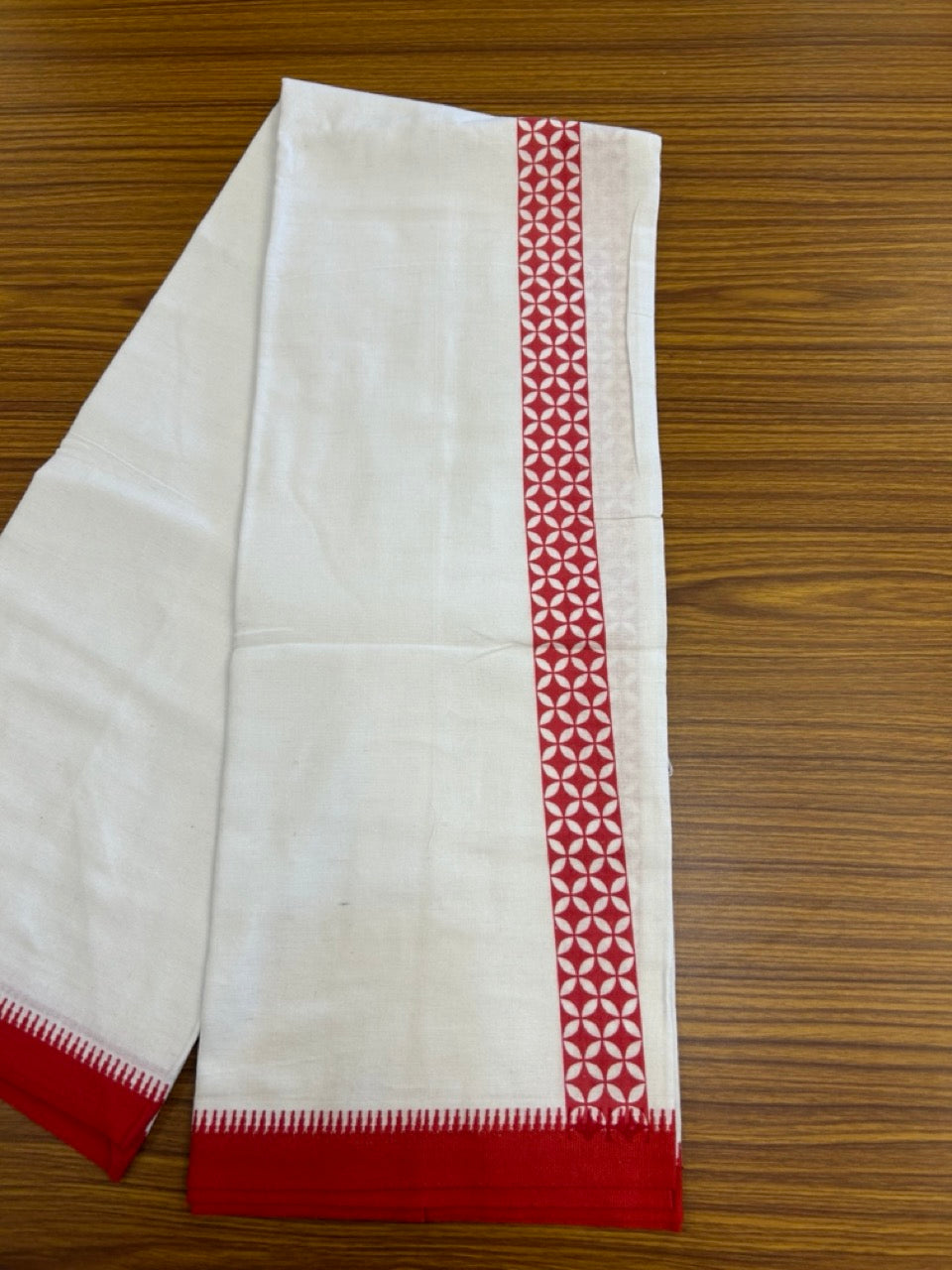 Kaitharikada - Polyster + Cotton - 20s twisted - Pure white Single Kaily / Lungi - 1.5 inch Red Printed Kuppadam Border with White colour body (2 meter / 4 muzham) - 5 KK8035 GAN