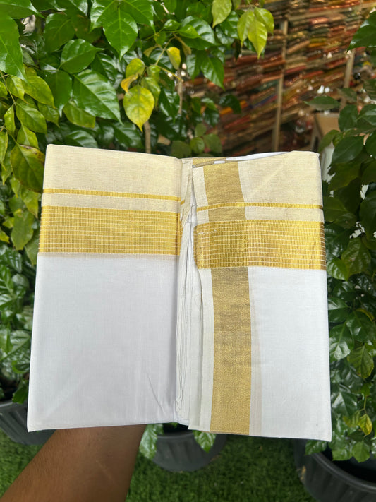 25% Discount ! KaithariKada Handloom Unakkupaav Kerala Handloom - 100% Pure Cotton Pure White Double Mundu/Dhoti - 6.5 inch Gold Kasav Half Tissue Striped Kara - 17 KK5352 ABH