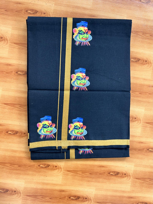 Single Kaily / Lungi- 20% Discount !! Kaitharikada - Pure Cotton - (40s) - 0.5 inch Mustard Brown Kathakali Printed Design Kara with Black colour Body (2 meter / 4 muzham) - 17 KK8062 GAN